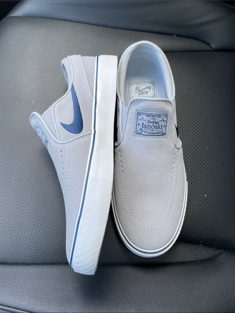 Nike Stefan Janoski Slip-On Suede Sneakers - Light Gray with Navy Swoosh Men’s 6